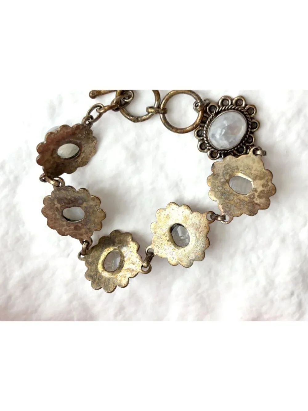 Iridescent Moonstone Vermeil Floral Sterling Silver 925 Vintage Bracelet